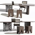 Modern Home Office Desk With Marble Top Wooden Stools Chair And Laptop