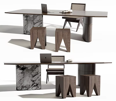 Modern Home Office Desk With Marble Top Wooden Stools Chair And Laptop 3d model