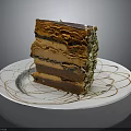 Delicious Layered Chocolate Cake With Creamy Layers And Nut Toppings On White Patterned Plate