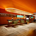 Warm Cafe Interior Design With Wooden Ceiling Pendant Lights Round Table And Green Chairs