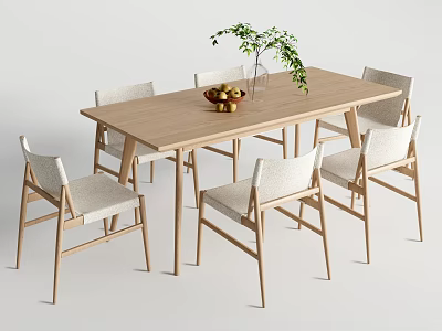 Modern Wooden Dining Table Set With Six White Chairs And Fruit Bowl Plant 3d model