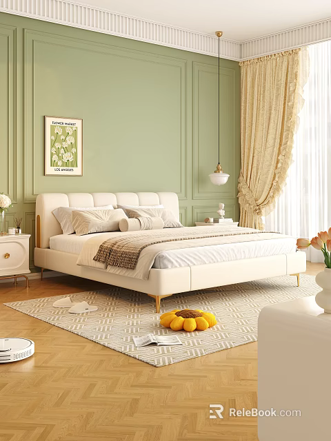 Modern Tufted Double Bed In Cozy Green Bedroom With Nightstands And Curtains 3d model 
