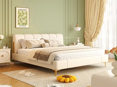 Modern Tufted Double Bed In Cozy Green Bedroom With Nightstands And Curtains 3d model