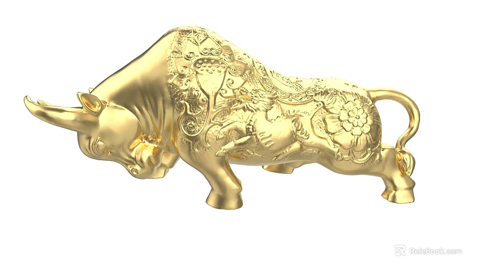Golden Bull Sculpture With Intricate Decorative Patterns And Artistic Design 3d model 