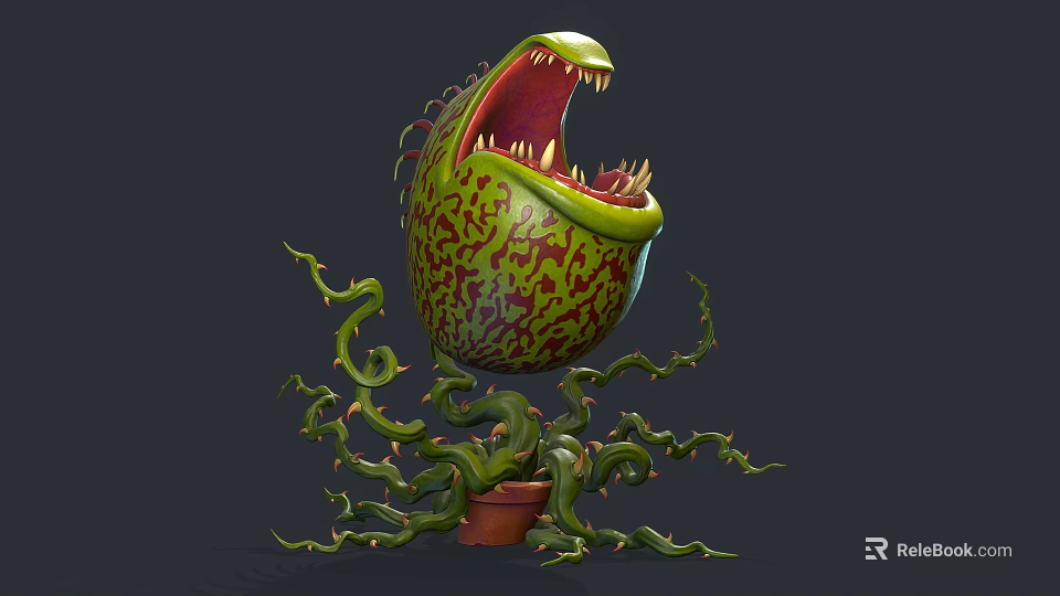 Venus Flytrap With Large Mouth Sharp Teeth Green Red Patterns Long Vines In Brown Pot 3d model 