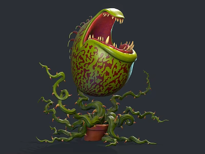 Venus Flytrap With Large Mouth Sharp Teeth Green Red Patterns Long Vines In Brown Pot 3d model