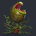 Venus Flytrap With Large Mouth Sharp Teeth Green Red Patterns Long Vines In Brown Pot