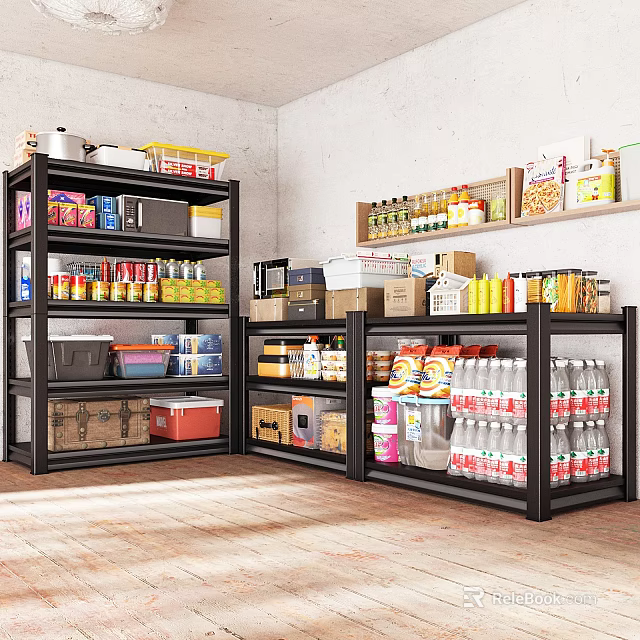 Storage Room Shelves With Canned Goods Bottled Drinks Boxed Food Kitchen Items And Storage Boxes 3d model 