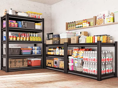Storage Room Shelves With Canned Goods Bottled Drinks Boxed Food Kitchen Items And Storage Boxes 3d model