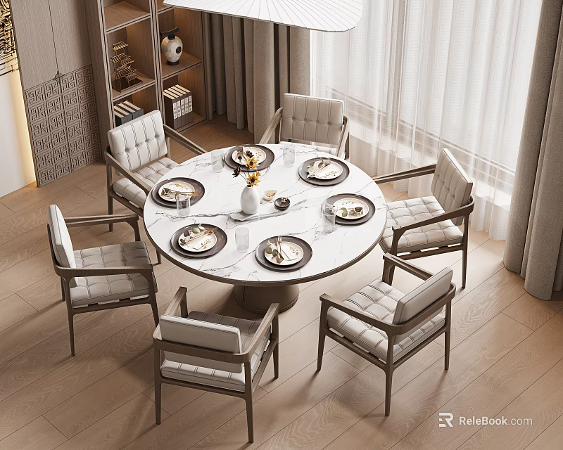 Modern Round Dining Table Set With Marble Top Six Chairs Tableware And Vase 3d model