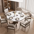 Modern Round Dining Table Set With Marble Top Six Chairs Tableware And Vase 3d model