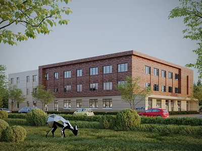 Modern Brick Multi Story Office Building With Trees Lawn Trimmed Bushes And Parked Cars 3d model