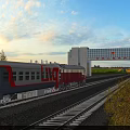 Red Gray Chinese Train Traveling on Railway Tracks with Autumn Trees and Modern Gate