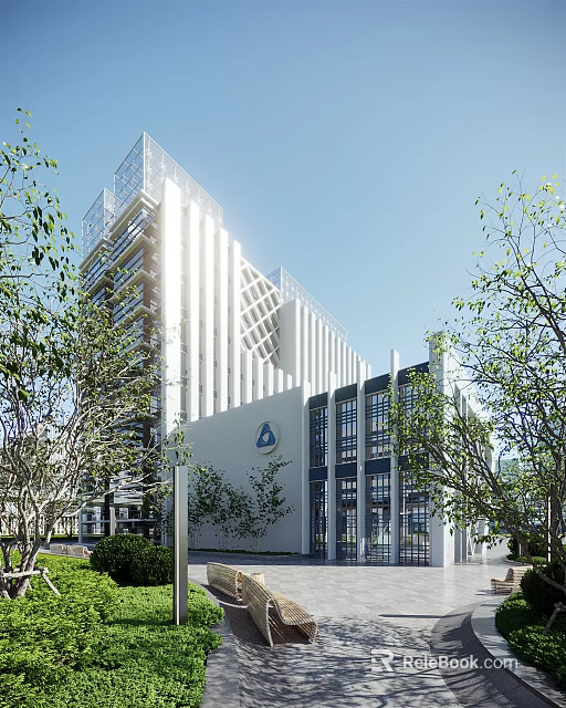 Modern Office Building Exterior With Glass Curtain Wall And Surrounding Green Trees 3d model 