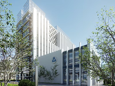 Modern Office Building Exterior With Glass Curtain Wall And Surrounding Green Trees 3d model