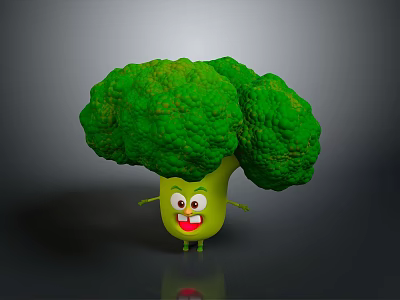 Funny Cartoon Broccoli Character With Green Florets Yellow Stem And Smiling Face 3d model