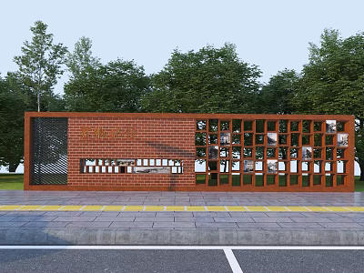 Red Brick Wall With Metal Grid Windows And Display Frames Against Green Trees 3d model