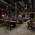 Warm Restaurant Interior With Red Brick Walls Green Plants Pendant Lights And Wooden Decor