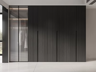 Modern Minimalist Wardrobe Design With Glass Doors Wooden Panels And Hanging Area 3d model