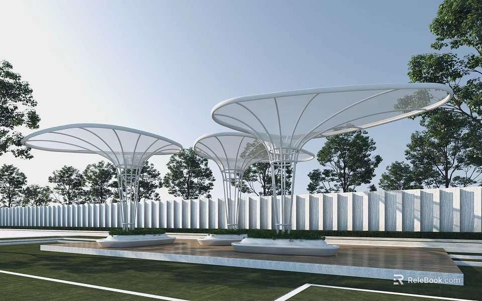 Modern Outdoor Pergola Structure With Metal Frame Transparent Canopy And Green Plants Around White Fence 3d model 