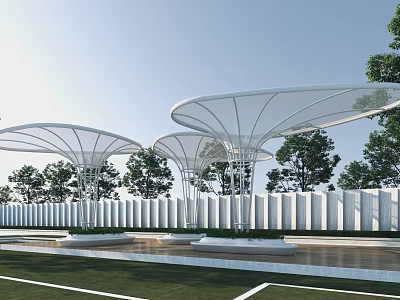 Modern Outdoor Pergola Structure With Metal Frame Transparent Canopy And Green Plants Around White Fence 3d model