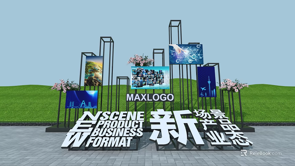 Scene Product Business Format Display With Screens Green Plants And Metal Frames 3d model 