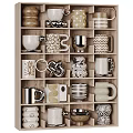 Various Designed Ceramic and Metal Mugs on Wooden Display Shelf with Different Patterns