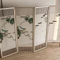 Decorative Indoor Room Divider Screen with Bamboo Bird Patterns Wooden Frame and Geometric Designs