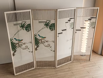 Modern New Chinese Partition Screen Partition Folding Screen Decorative Painting Ink Painting Wallpaper Grille Screen 3d model