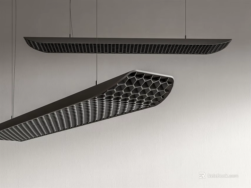 Sleek Modern Black Chandeliers with Honeycomb and Striped Cutout Design Hanging on Light Wall 3d model 