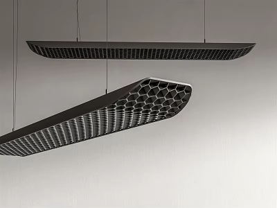 Sleek Modern Black Chandeliers with Honeycomb and Striped Cutout Design Hanging on Light Wall 3d model