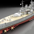 Detailed Large Battleship Warship With Multiple Gun Turrets And Gray Red Hull