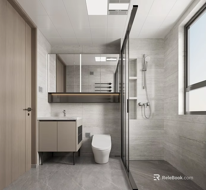 Modern Bathroom Interior Design With Vanity Mirror Toilet Glass Shower And Light Tiled Walls 3d model 