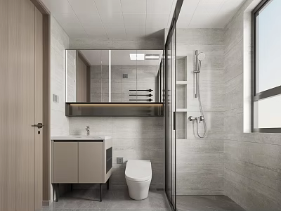 Modern Bathroom Interior Design With Vanity Mirror Toilet Glass Shower And Light Tiled Walls 3d model