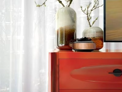Elegant Vases Holding Branches On Red Chest Of Drawers With White Curtains And Framed Art 3d model