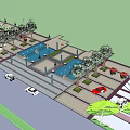 Scenic Plaza Landscape With Lush Trees Tall Lamp Posts Parked Cars And Paved Walkway