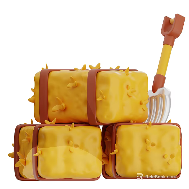 Garden Decorative Pieces Featuring Stacked Hay Bales Sprouting Seedlings And Garden Fork 3d model 