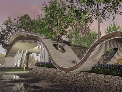 Modern Curved Sculpture Installation Outdoor With Trees Stone Wall And Water Feature 3d model