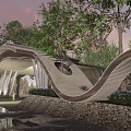 Modern Curved Sculpture Installation Outdoor With Trees Stone Wall And Water Feature