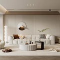 Modern Living Room Interior With White Sofa Round Coffee Table Green Plant And Circular Mirror