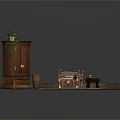 Rustic Wooden Furniture Scene With Cabinet Green Plant Bed Coffee Table Trunk And Rug