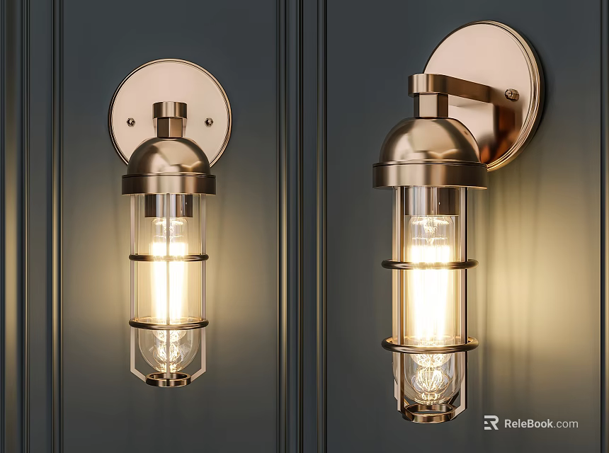 Pair of Brass Wall Lamps with Clear Glass Shades Mounted on Dark Wooden Wall 3d model 