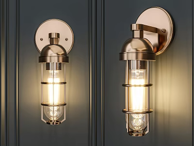 Pair of Brass Wall Lamps with Clear Glass Shades Mounted on Dark Wooden Wall 3d model