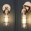 Pair of Brass Wall Lamps with Clear Glass Shades Mounted on Dark Wooden Wall