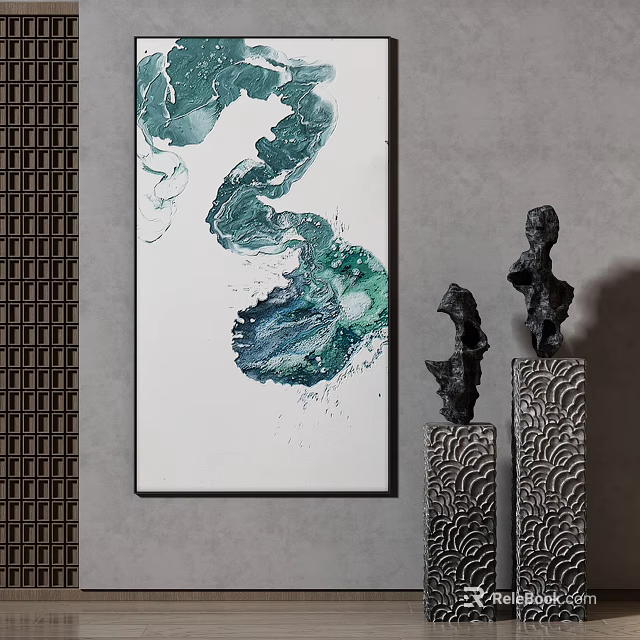 Modern Abstract Painting With Green Blue Ink And Black Sculptures On Textured Bases 3d model 