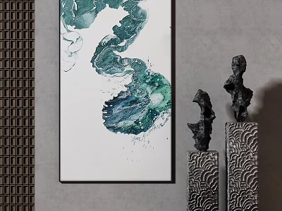 Modern Abstract Painting With Green Blue Ink And Black Sculptures On Textured Bases 3d model