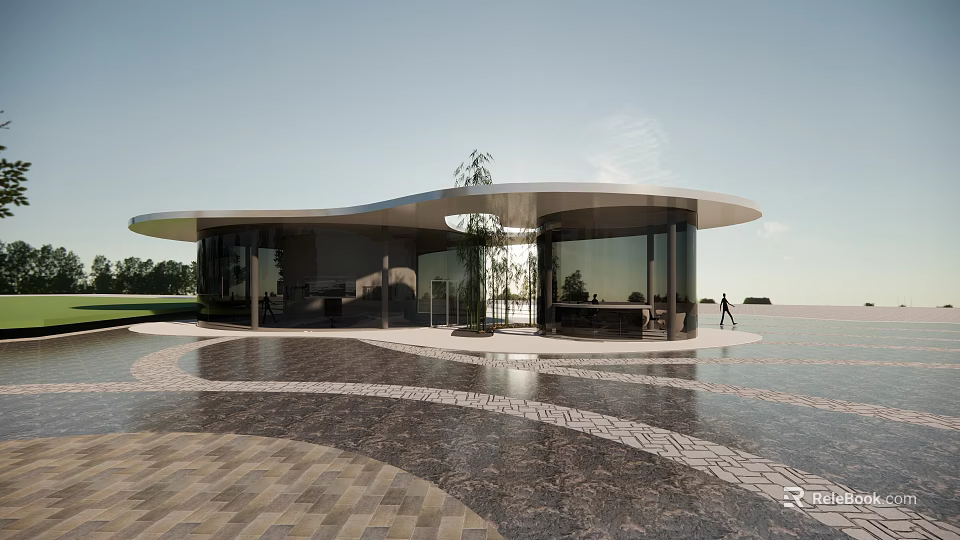 Modern Architectural Design With Curved Roof And Glass Facade In Open Plaza Space 3d model 