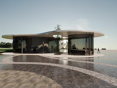 Modern Architectural Design With Curved Roof And Glass Facade In Open Plaza Space 3d model