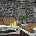 Traditional Chinese Guesthouse Architecture Featuring Stone Walls Tile Roof Glass Doors And Green Trees
