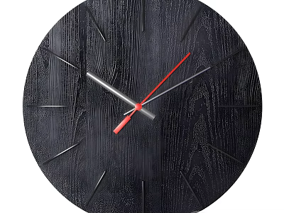 Stylish Black Round Clock with Wooden Texture Red and Silver Hands Minimalist Design Markers 3d model